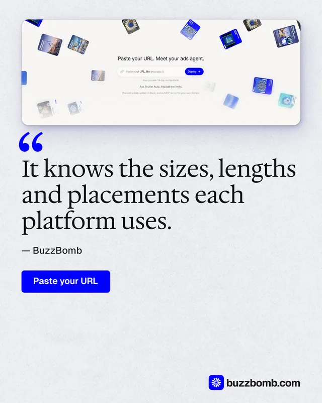 Instagram portrait post for BuzzBomb: "It knows the sizes, lengths and placements each platform uses." Data card style, quote layout, light palette in white, blue.