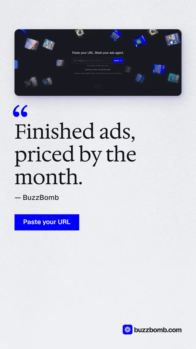 Instagram story for BuzzBomb: "Finished ads, priced by the month." Swiss style, quote layout, light palette in white, blue.