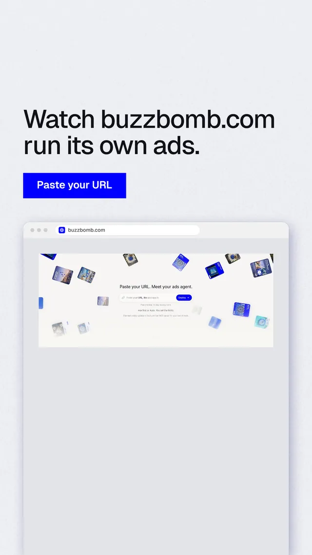Instagram story for BuzzBomb: "Watch buzzbomb.com run its own ads." Swiss style, browser layout, light palette in white, blue.