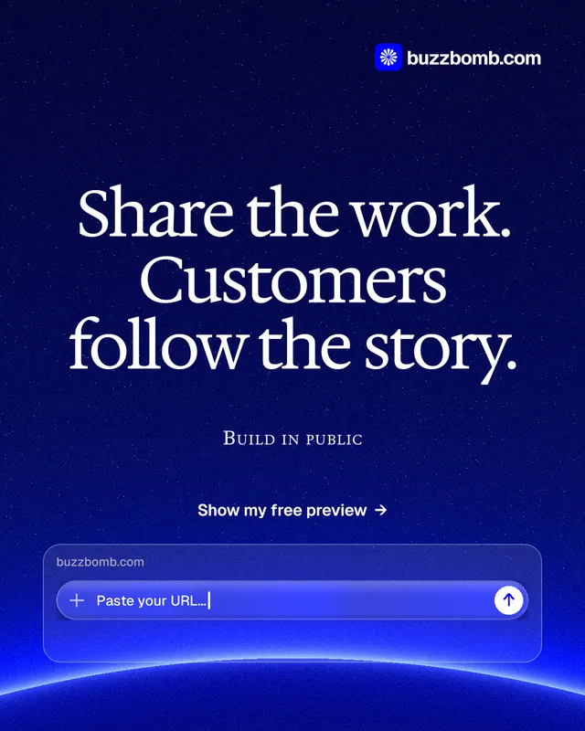 Instagram portrait post for BuzzBomb: "Share the work. Customers follow the story." Swiss style, smallcaps layout, dark palette in blue.