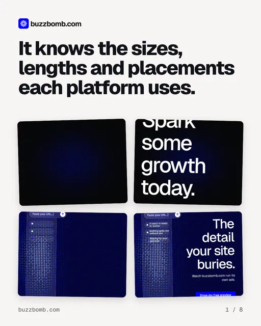 Carousel for BuzzBomb: "It knows the sizes, lengths and placements each platform uses.". Collection carousel, 8 slides, light palette.