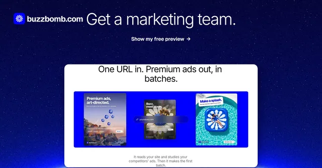 Social ad for BuzzBomb: "Get a marketing team." Swiss style, ogui layout, dark palette in blue, white.