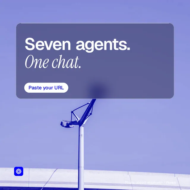 Instagram post for BuzzBomb: "Seven agents. One chat." Glass style, technique:pexels ingredient layout, light palette in blue.