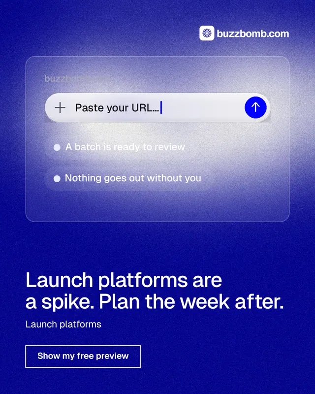 Instagram portrait post for BuzzBomb: "Launch platforms are a spike. Plan the week after." Cyanotype style, bottom layout, dark palette in blue.