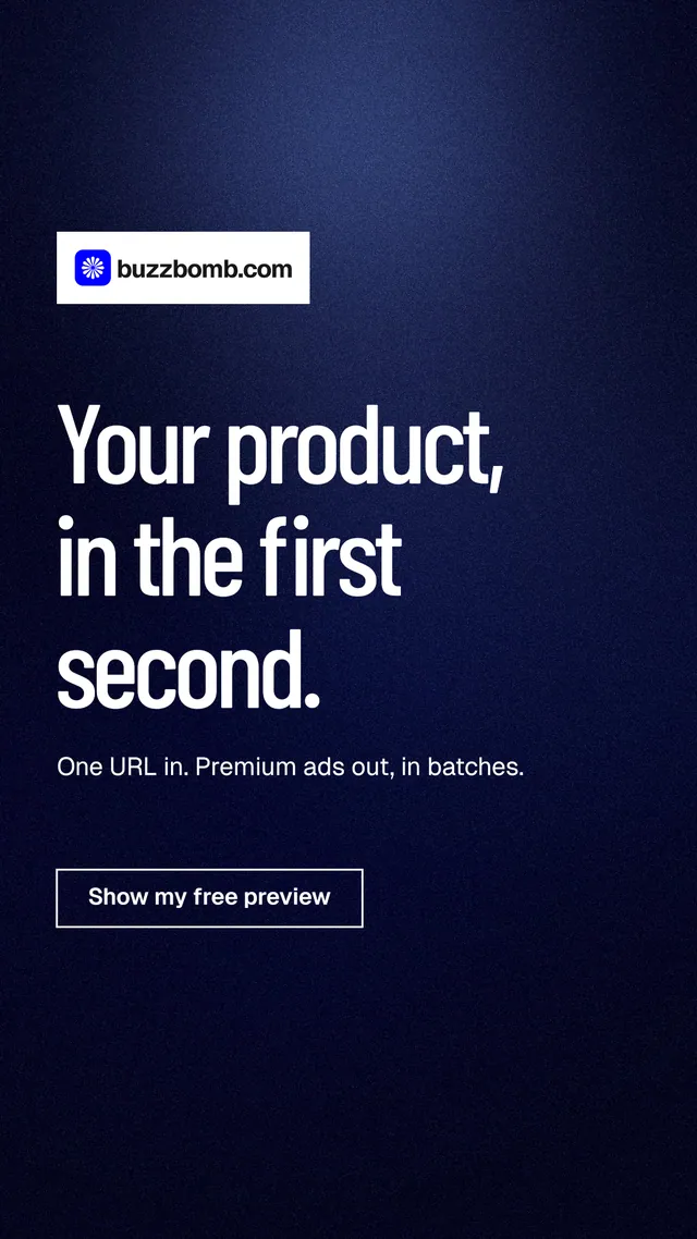 Instagram story for BuzzBomb: "Your product, in the first second." Dark deco style, announce layout, dark palette in black, blue, grey.