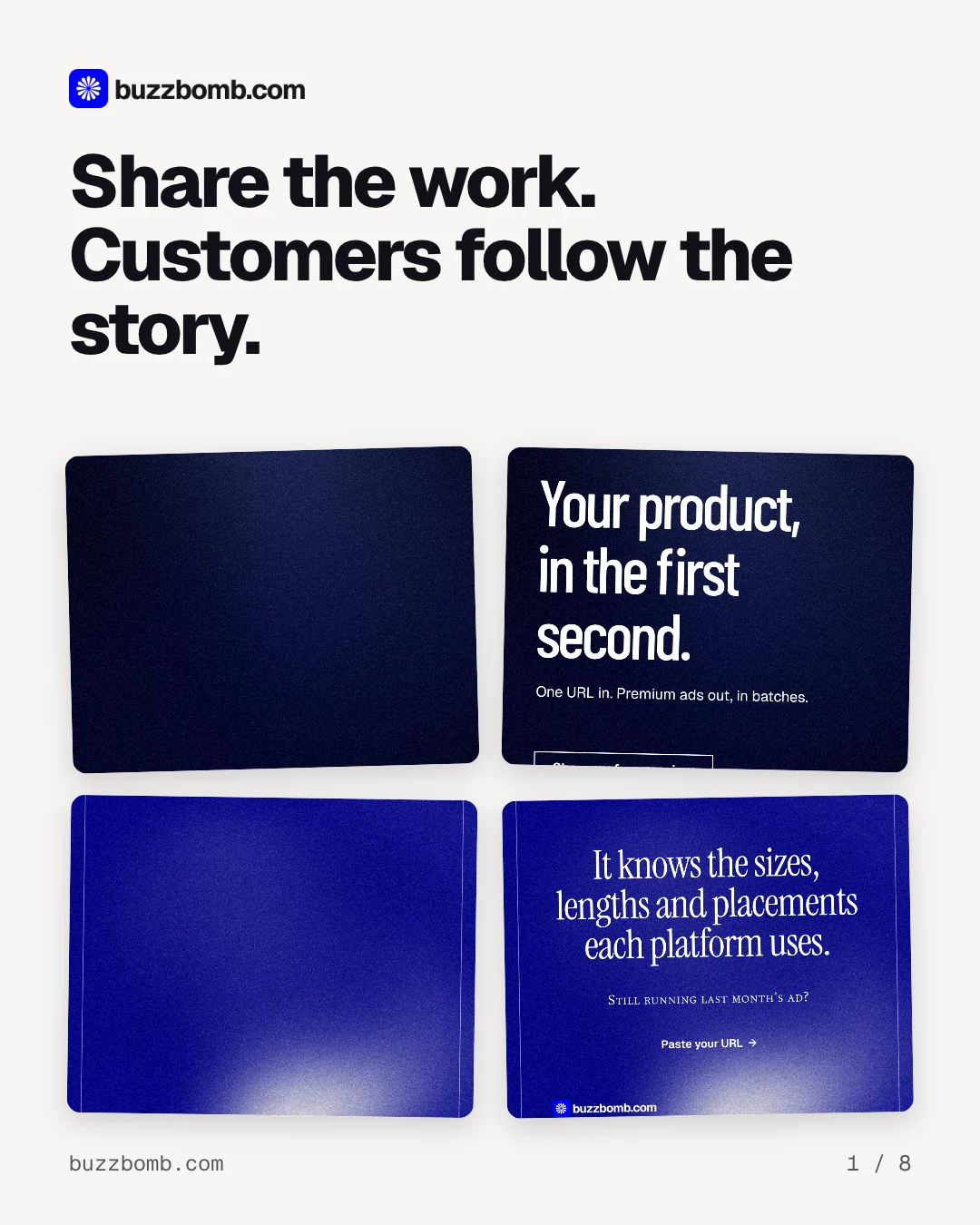 Carousel for BuzzBomb: "Share the work. Customers follow the story.". Collection carousel, 8 slides, light palette.