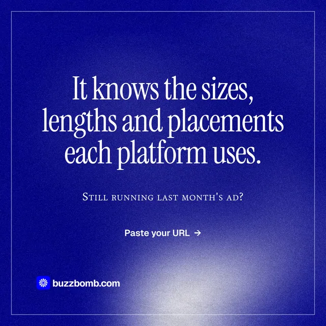 Instagram post for BuzzBomb: "It knows the sizes, lengths and placements each platform uses." Editorial style, smallcaps layout, dark palette in blue.