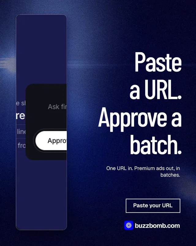 Instagram portrait post for BuzzBomb: "Paste a URL. Approve a batch." Dark deco style, right layout, dark palette in black, blue, grey.