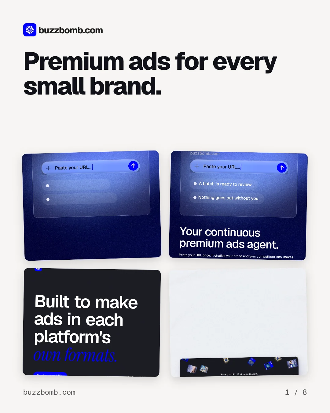 Carousel for BuzzBomb: "Premium ads for every small brand.". Collection carousel, 8 slides, light palette.