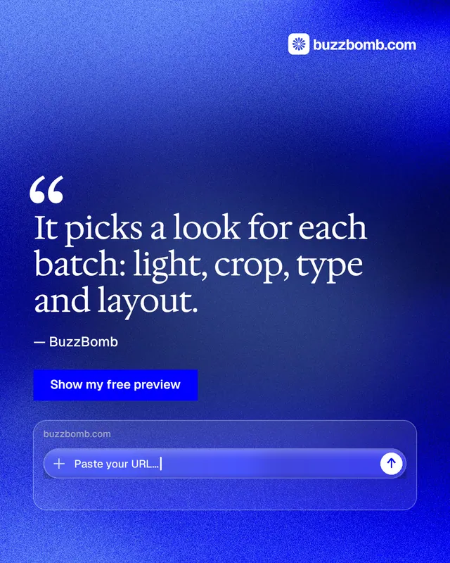 Instagram portrait post for BuzzBomb: "It picks a look for each batch: light, crop, type and layout." Swiss style, quote layout, dark palette in blue.