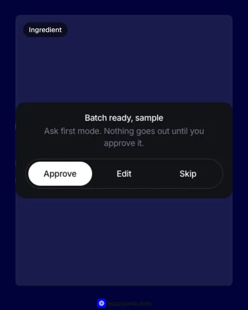 Video for BuzzBomb: "Paste a URL. Approve a batch.". Before after wipe, 6.0 s, dark palette.