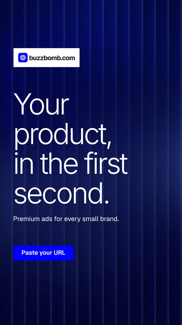Instagram story for BuzzBomb: "Your product, in the first second." Swiss style, announce layout, dark palette in blue, grey.