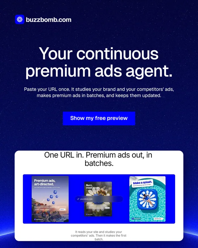Instagram portrait post for BuzzBomb: "Your continuous premium ads agent." Swiss style, centred layout, dark palette in blue, white.