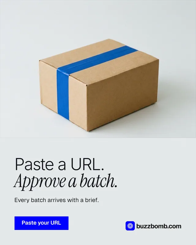Instagram portrait post for BuzzBomb: "Paste a URL. Approve a batch." Swiss style, bottom layout, light palette in white, grey.