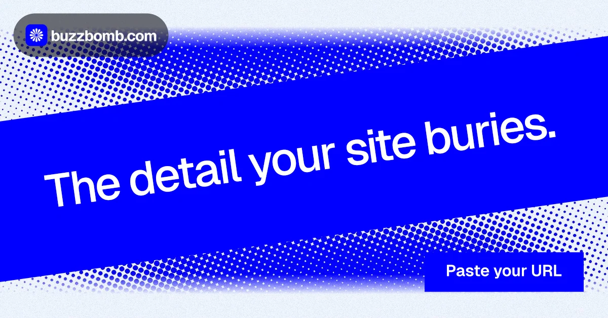 Social ad for BuzzBomb: "The detail your site buries." Swiss style, diagonal layout, dark palette in blue, white.