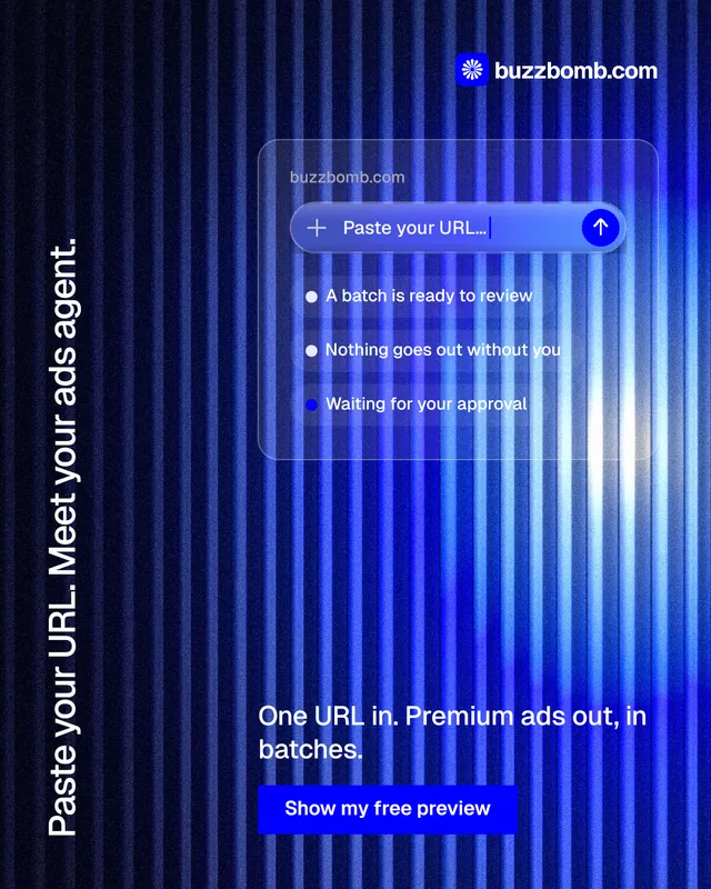 Instagram portrait post for BuzzBomb: "Paste your URL. Meet your ads agent." Swiss style, vertical layout, dark palette in black, blue.