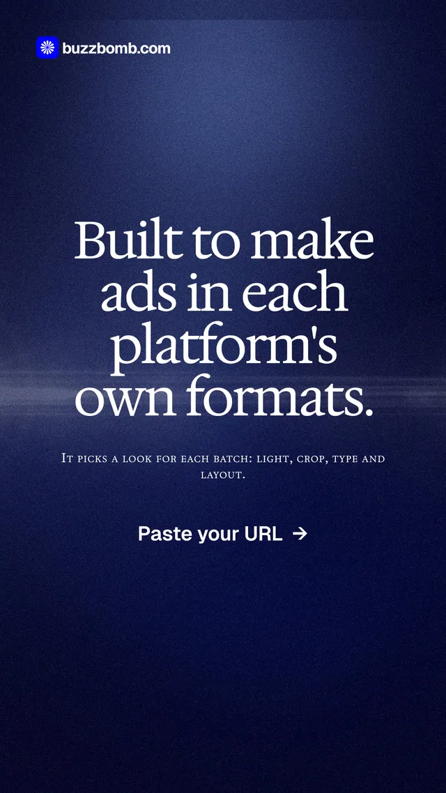 Instagram story for BuzzBomb: "Built to make ads in each platform's own formats." Dark deco style, smallcaps layout, dark palette in blue, black, grey.