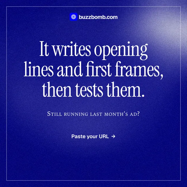 Instagram post for BuzzBomb: "It writes opening lines and first frames, then tests them." Editorial style, smallcaps layout, dark palette in blue.