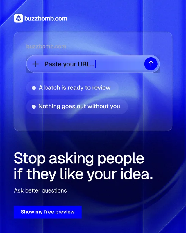 Instagram portrait post for BuzzBomb: "Stop asking people if they like your idea." Swiss style, bottom layout, dark palette in blue.