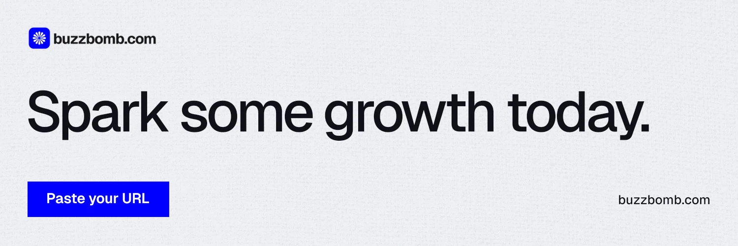 X header for BuzzBomb: "Spark some growth today." Swiss style, poster layout, light palette in white, blue.