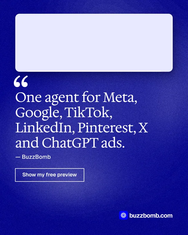Instagram portrait post for BuzzBomb: "One agent for Meta, Google, TikTok, LinkedIn, Pinterest, X and ChatGPT ads." Cyanotype style, quote layout, dark palette in blue, white.