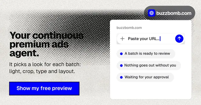 Social ad for BuzzBomb: "Your continuous premium ads agent." Ink sticker style, bottom layout, light palette in white, blue, grey.