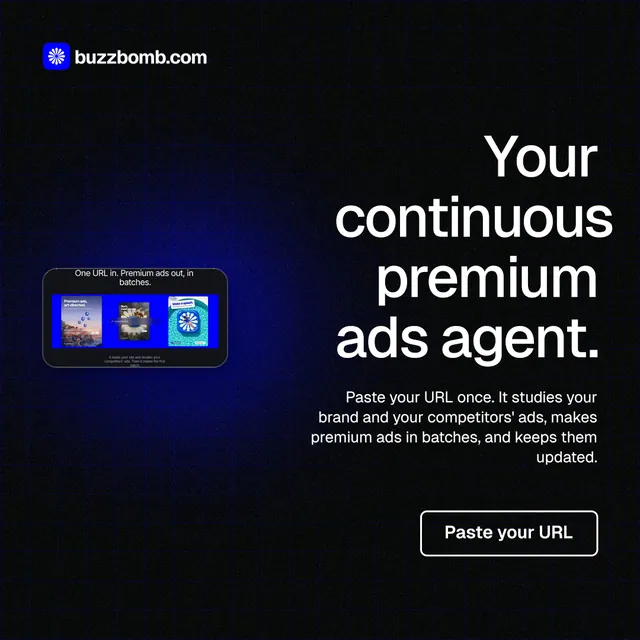Instagram post for BuzzBomb: "Your continuous premium ads agent." Phosphor atlas style, right layout, dark palette in black, grey.