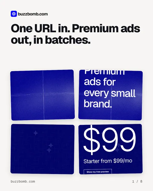 Carousel for BuzzBomb: "One URL in. Premium ads out, in batches.". Collection carousel, 8 slides, light palette.