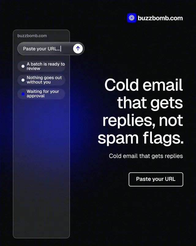 Instagram portrait post for BuzzBomb: "Cold email that gets replies, not spam flags." Phosphor atlas style, right layout, dark palette in black, blue, grey.