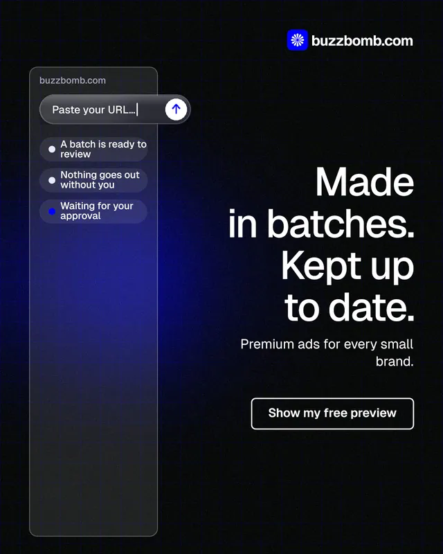 Instagram portrait post for BuzzBomb: "Made in batches. Kept up to date." Phosphor atlas style, right layout, dark palette in black, blue, grey.