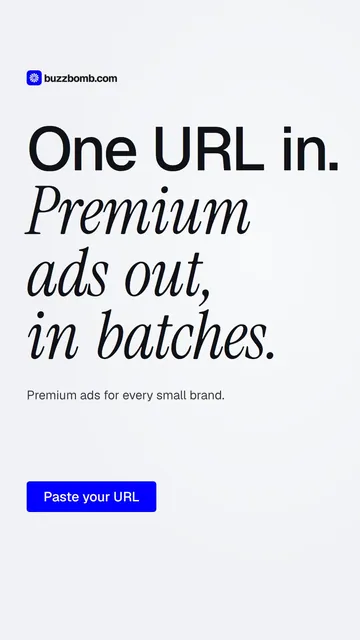Video for BuzzBomb: "One URL in. Premium ads out, in batches.". Doc motion loop, 6.0 s, light palette.