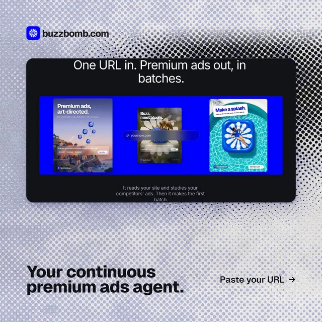 Instagram post for BuzzBomb: "Your continuous premium ads agent." Ink sticker style, image led layout, light palette in blue, white, grey.