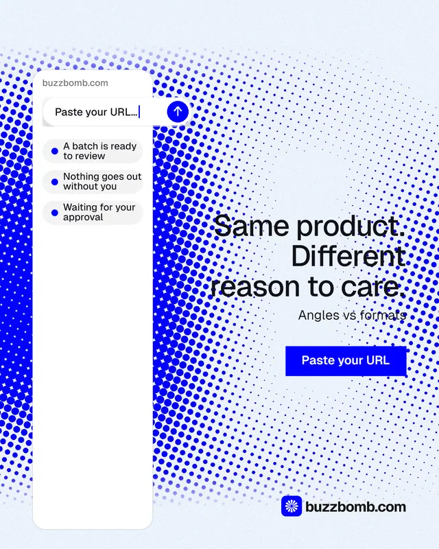 Instagram portrait post for BuzzBomb: "Same product. Different reason to care." Swiss style, right layout, light palette in blue, white.