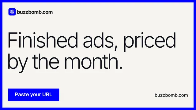 Landscape graphic for BuzzBomb: "Finished ads, priced by the month." Swiss style, poster layout, light palette in white, blue.