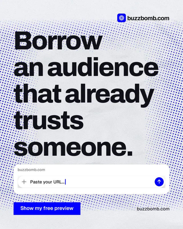 Instagram portrait post for BuzzBomb: "Borrow an audience that already trusts someone." Swiss style, poster layout, light palette in blue, white, grey.