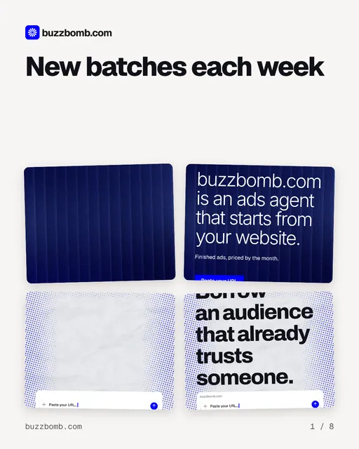 Carousel for BuzzBomb: "New batches each week". Collection carousel, 8 slides, light palette.
