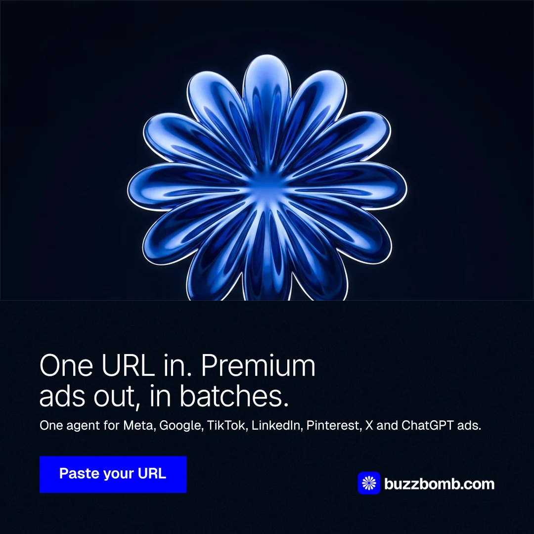 Instagram post for BuzzBomb: "One URL in. Premium ads out, in batches." Swiss style, bottom layout, dark palette in black, blue.