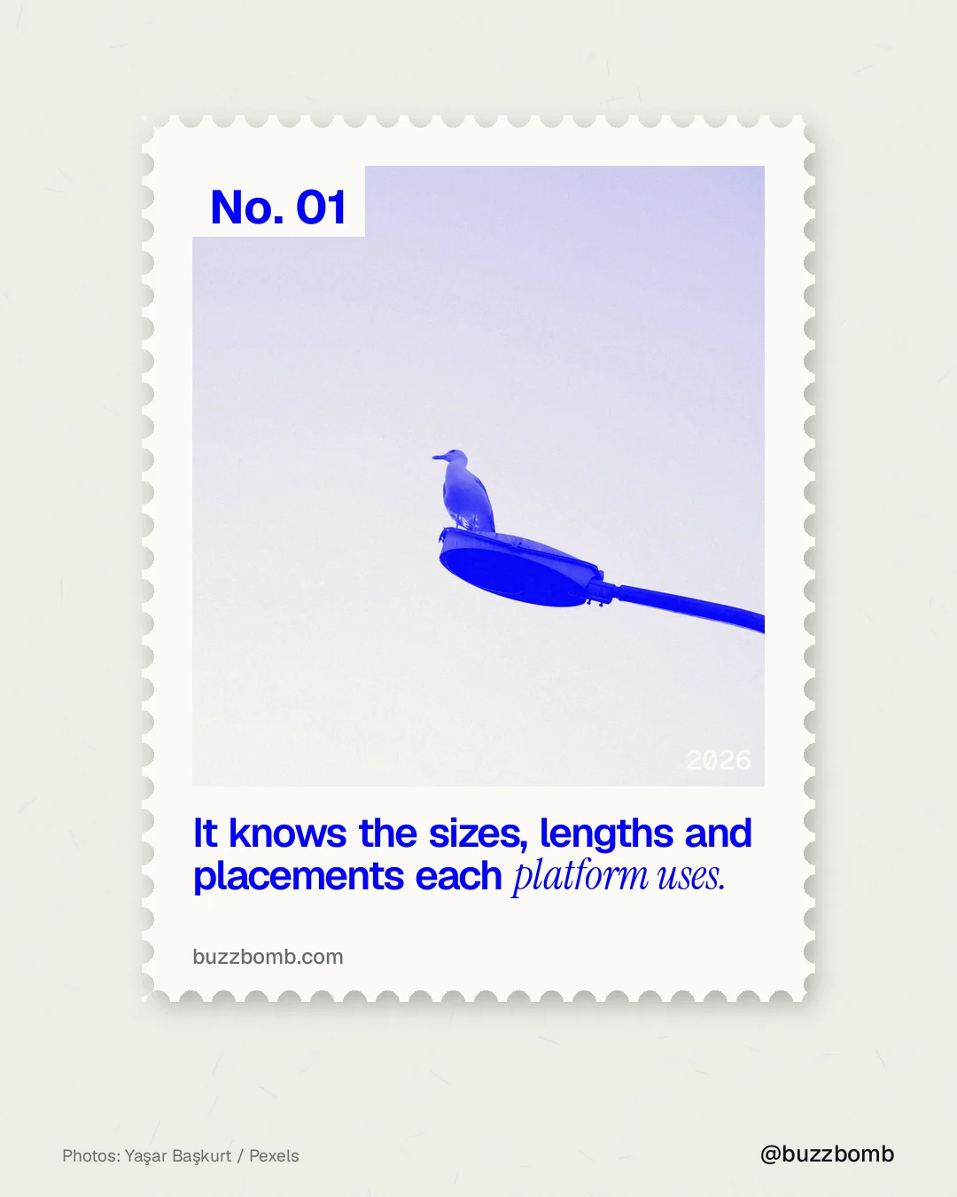 Instagram portrait post for BuzzBomb: "It knows the sizes, lengths and placements each platform uses." Single style, technique:stamp series layout, light palette in yellow, blue, white.