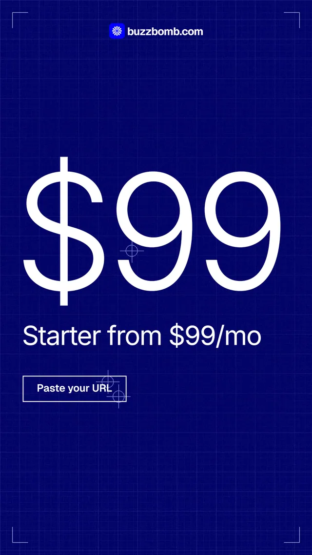 Instagram story for BuzzBomb: "Your continuous premium ads agent." Blueprint style, stat layout, dark palette in blue.