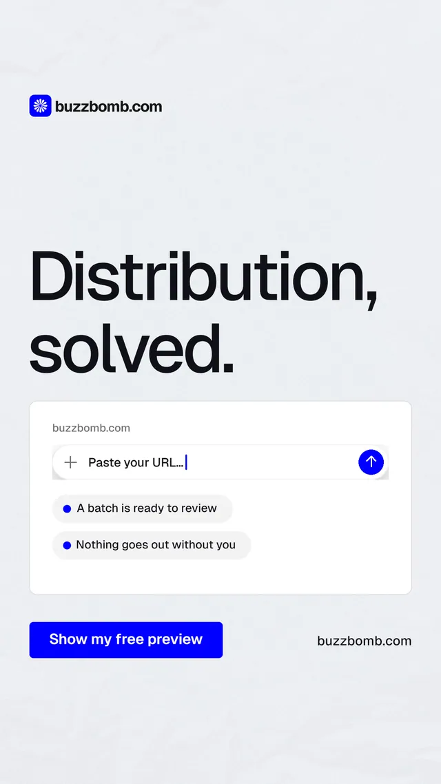 Instagram story for BuzzBomb: "Distribution, solved." Data card style, poster layout, light palette in white, blue.