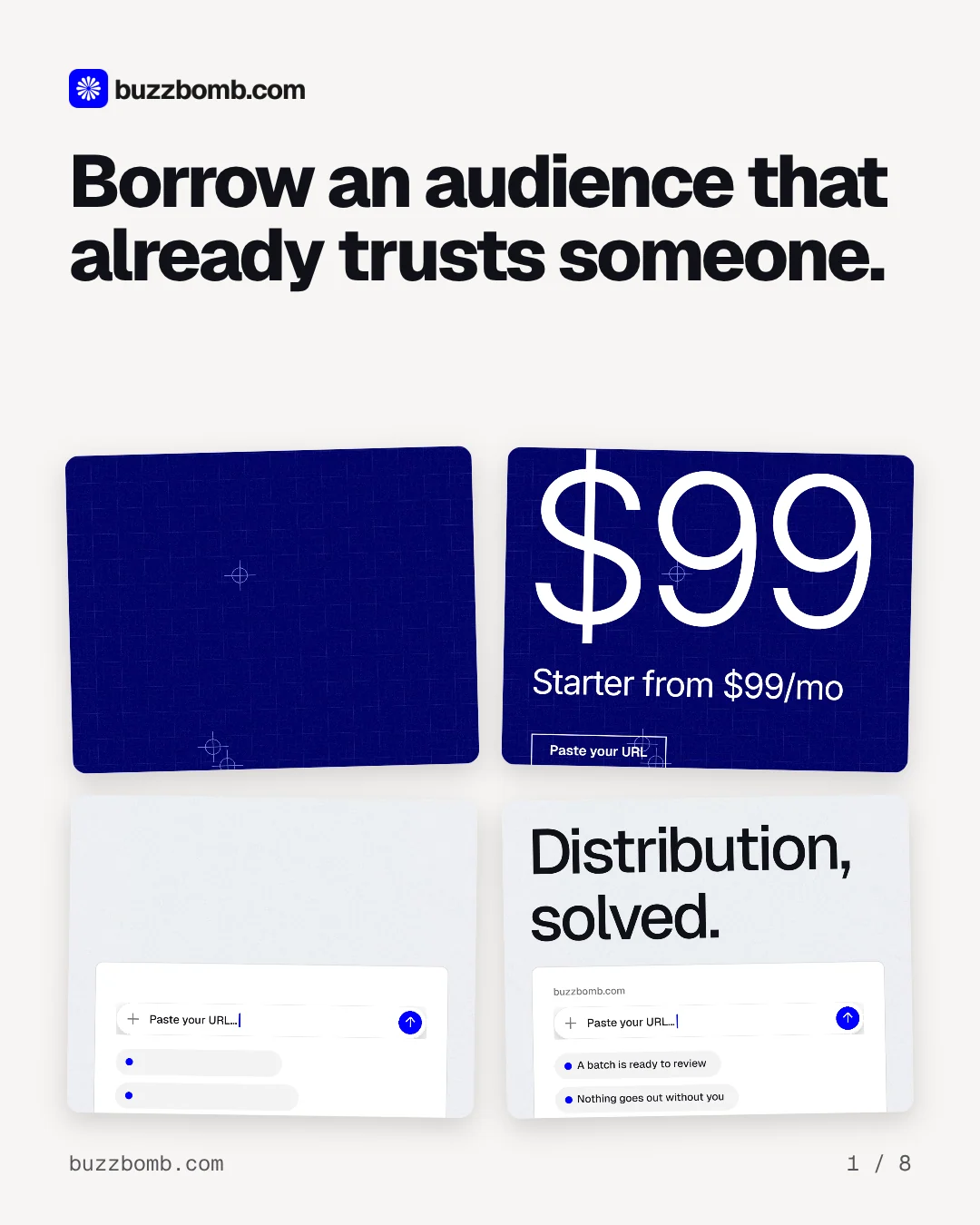 Carousel for BuzzBomb: "Borrow an audience that already trusts someone.". Collection carousel, 8 slides, light palette.