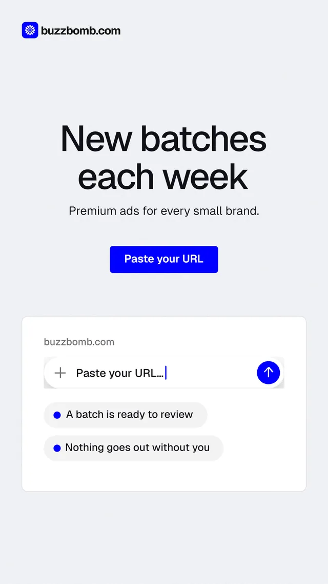 Instagram story for BuzzBomb: "New batches each week". Data card style, centred layout, light palette in white, blue.