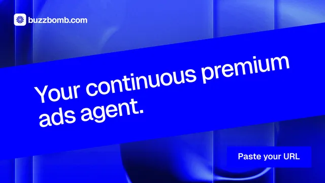 Landscape graphic for BuzzBomb: "Your continuous premium ads agent." Swiss style, diagonal layout, dark palette in blue.
