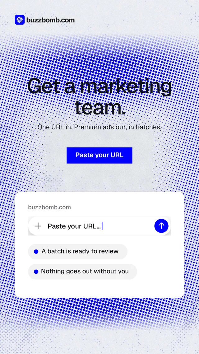 Instagram story for BuzzBomb: "Get a marketing team." Swiss style, centred layout, light palette in blue, white.