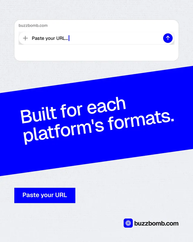 Instagram portrait post for BuzzBomb: "Built for each platform's formats." Swiss style, diagonal layout, light palette in white, blue.