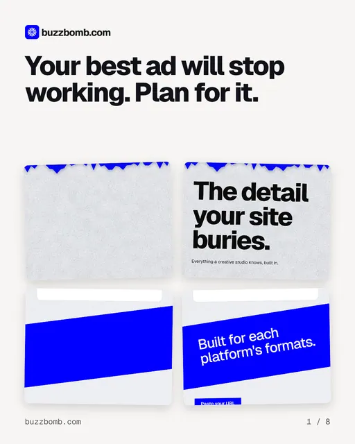 Carousel for BuzzBomb: "Your best ad will stop working. Plan for it.". Collection carousel, 8 slides, light palette.
