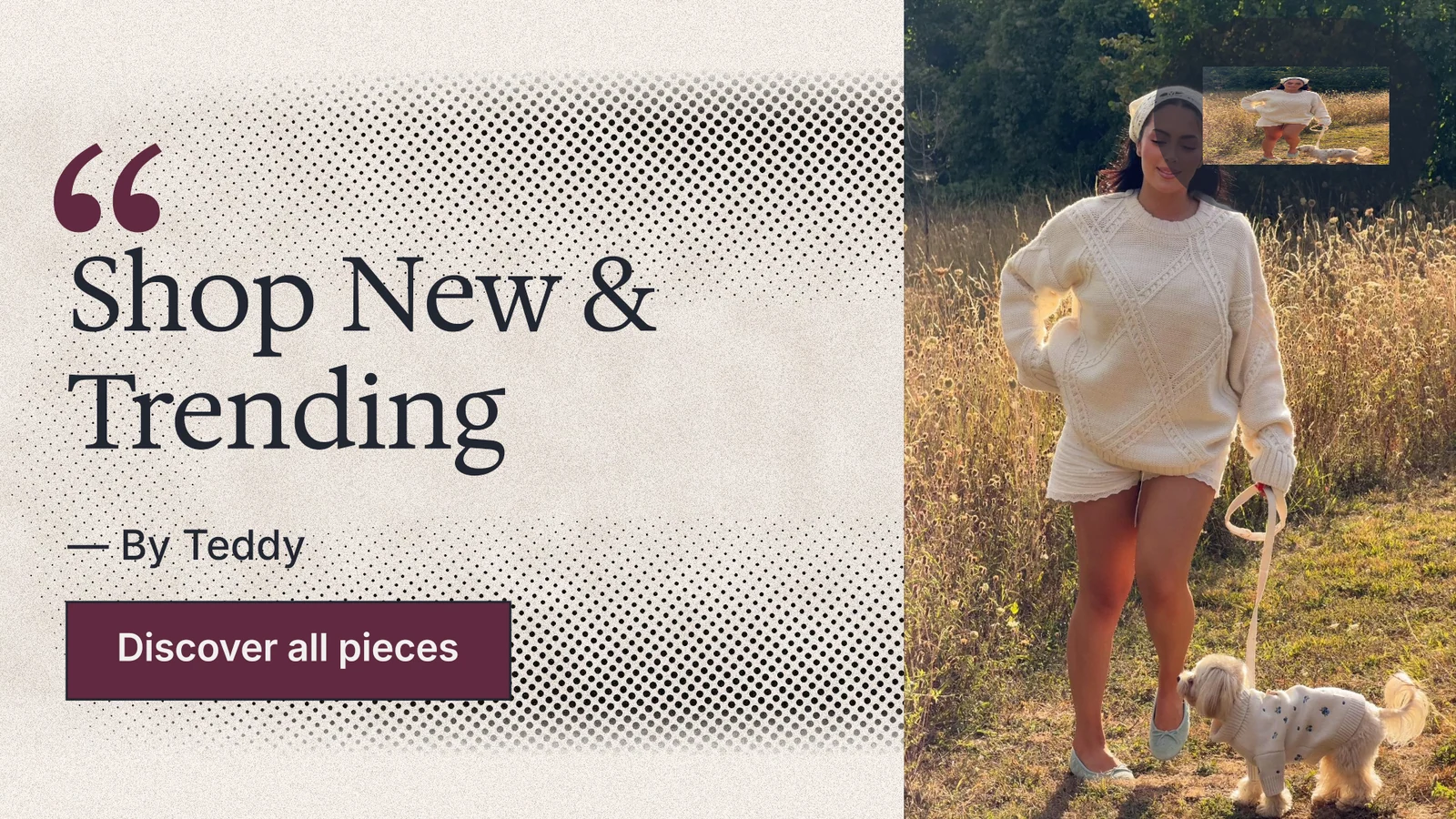 Landscape graphic for By Teddy: "Shop New & Trending". Ink sticker style, quote layout, light palette in orange, grey.