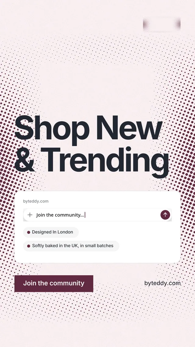 Instagram story for By Teddy: "Shop New & Trending". Swiss style, poster layout, light palette in white, grey.