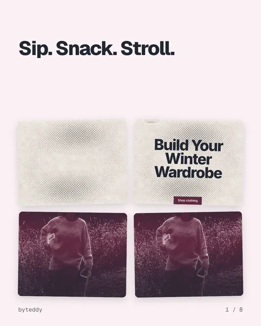 Carousel for By Teddy: "Sip. Snack. Stroll.". Collection carousel, 8 slides, light palette.