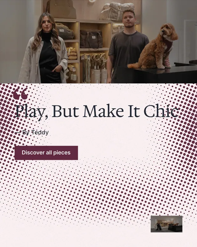 Instagram portrait post for By Teddy: "Play, But Make It Chic". Swiss style, quote layout, light palette in orange, red, grey.